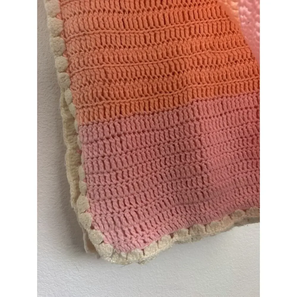 Handmade Pink~Peach~Ivory Crochet Knit Baby Blanket Quilt 64”x33”